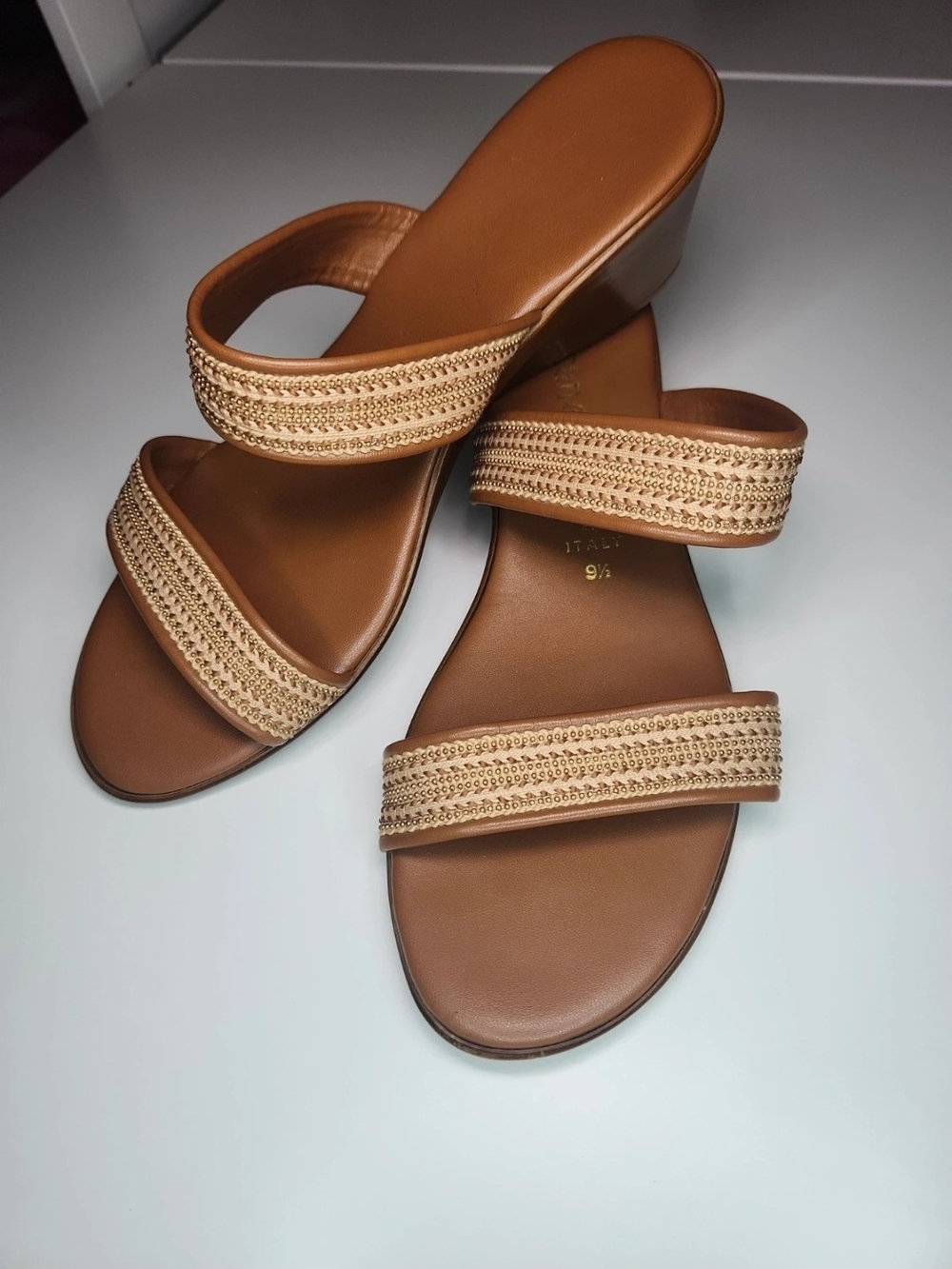 Braided Double-Strap Tan Slide Sandals for Women
